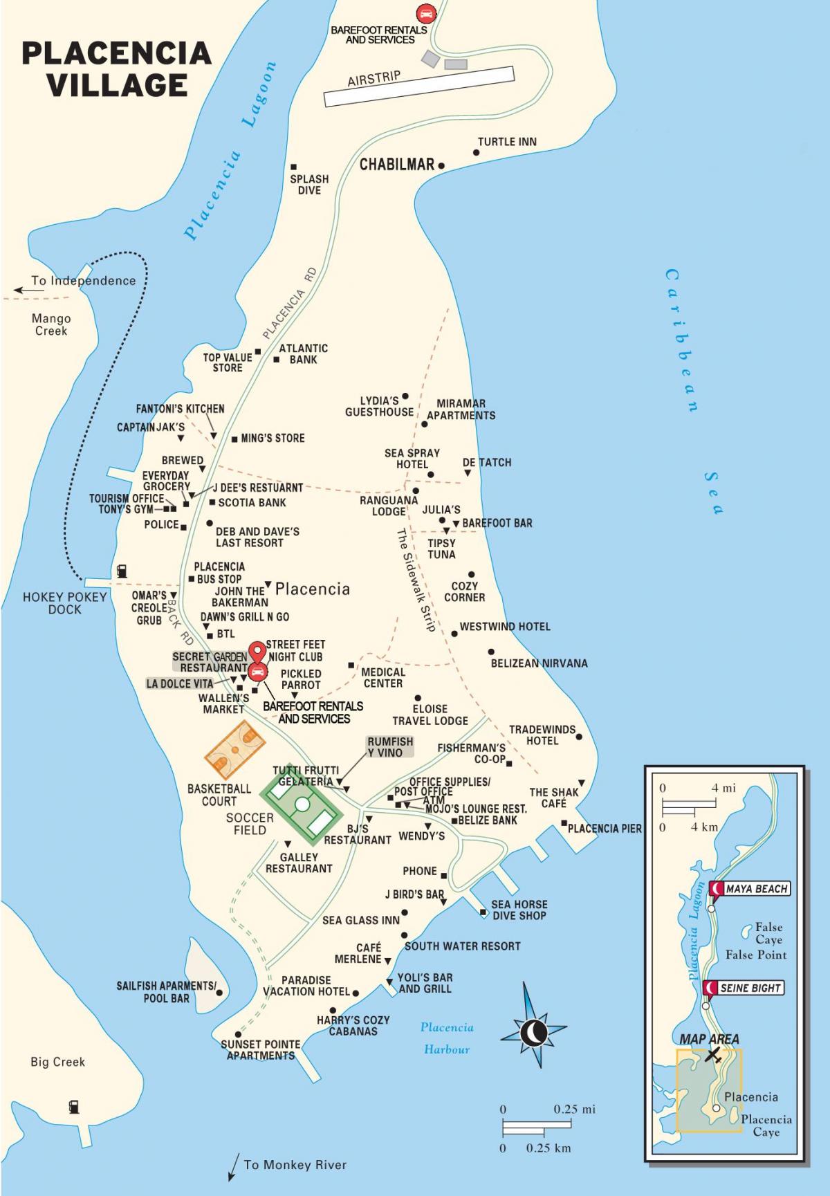 מפה של placencia הכפר בליז